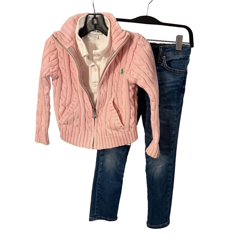 Polo Ralph Lauren 3 PCS Pink Cable Knit Zip Up Sweater, Polo Shirt Jeans Sz 4T